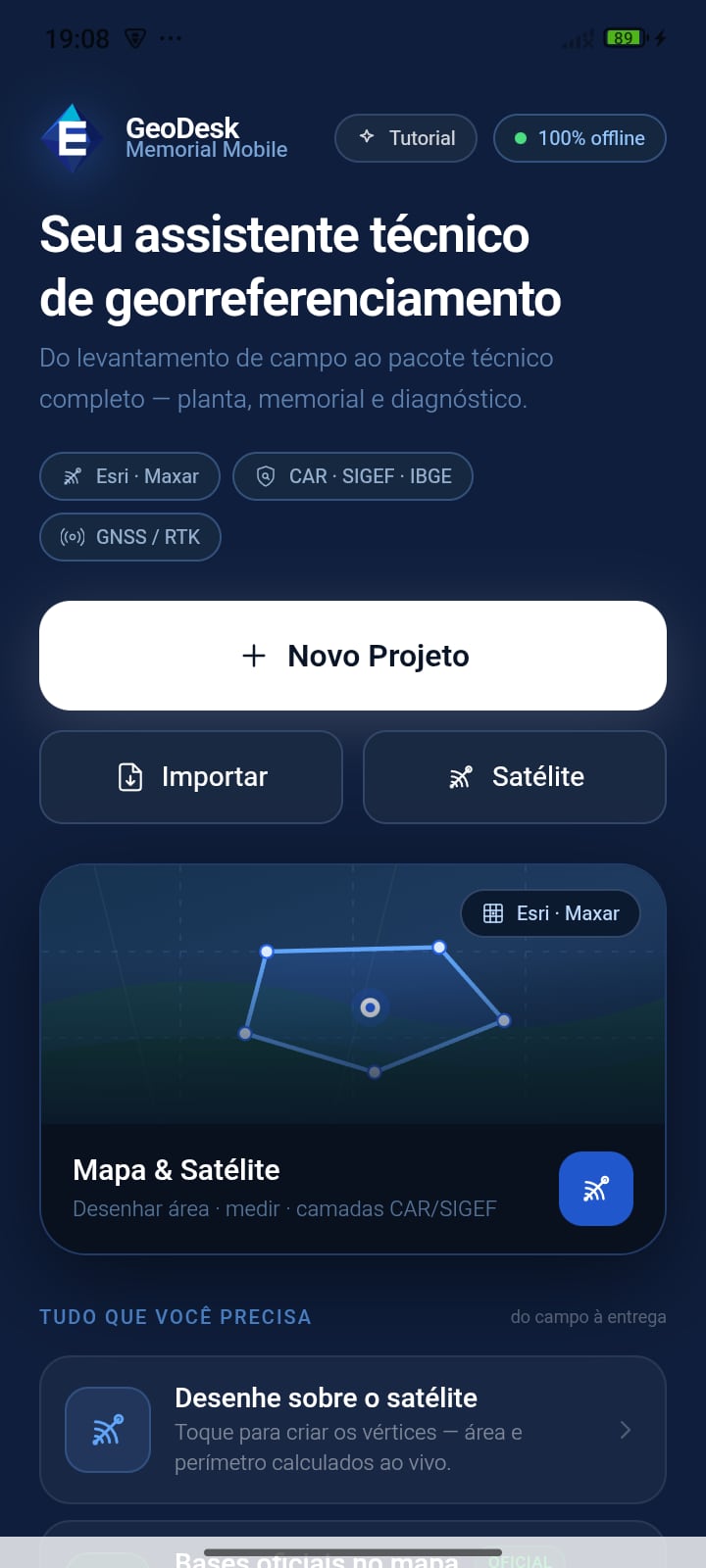 Tela inicial do GeoDesk com modo offline, GNSS/RTK e atalhos para Novo Projeto, Importar e Satélite.