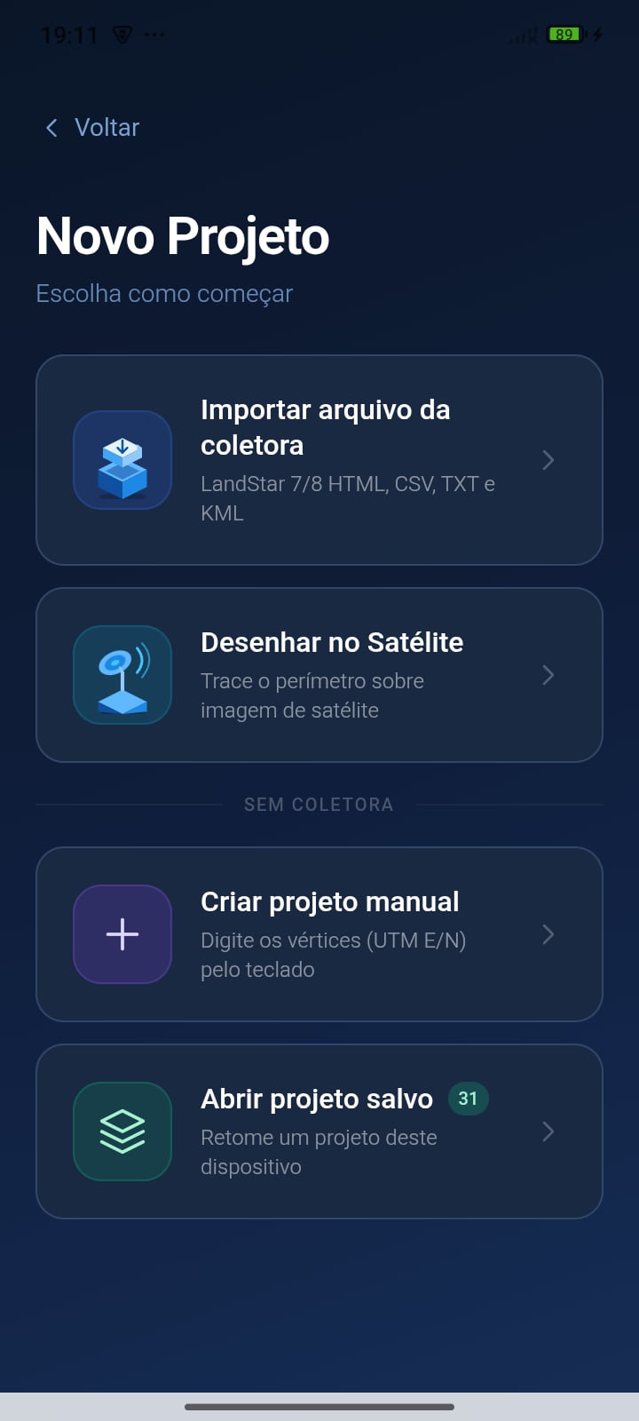Tela Novo Projeto do GeoDesk: importar da coletora, desenhar no satélite, criar manual por vértices UTM ou abrir projeto salvo.
